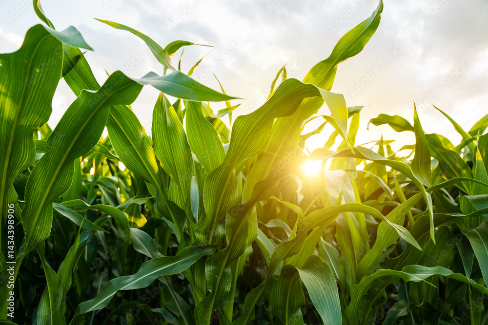 Sunlight shining through green corn leaves in summer field