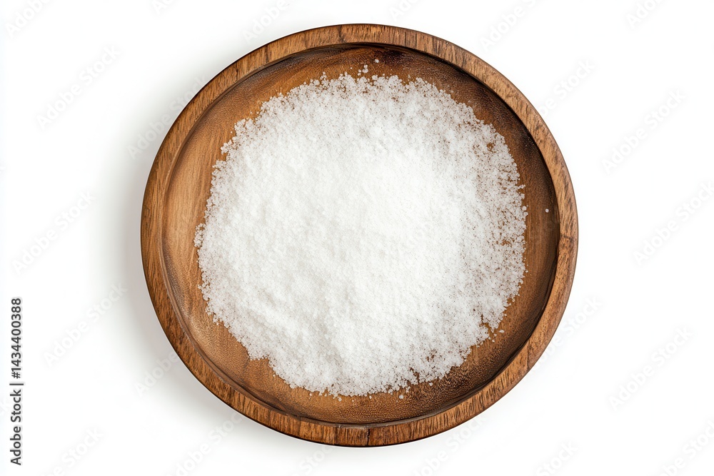 Isolated white background with a baking soda wooden dish viewed from above Isolated white background with a baking soda wooden dish viewed from above