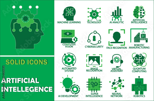Artificial intelligence icon collection. Contains machine learning, data science, AI, virtual assistant, generative AI, technology, Turing test and more. Solid vector icon collection.