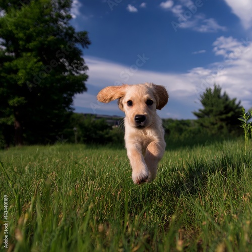 A puppy running through a field of green grass