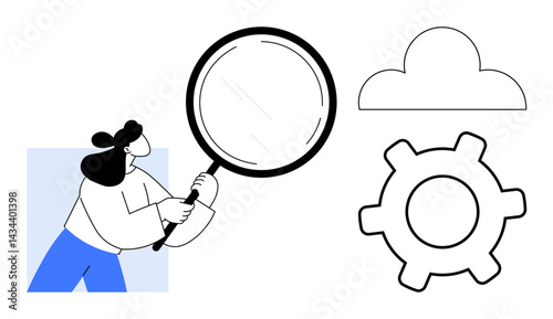 Woman holding magnifying glass exploring cloud and gear elements, emphasizing analysis, research, technology, and solutions. Ideal for search, innovation, productivity, service judgment technology