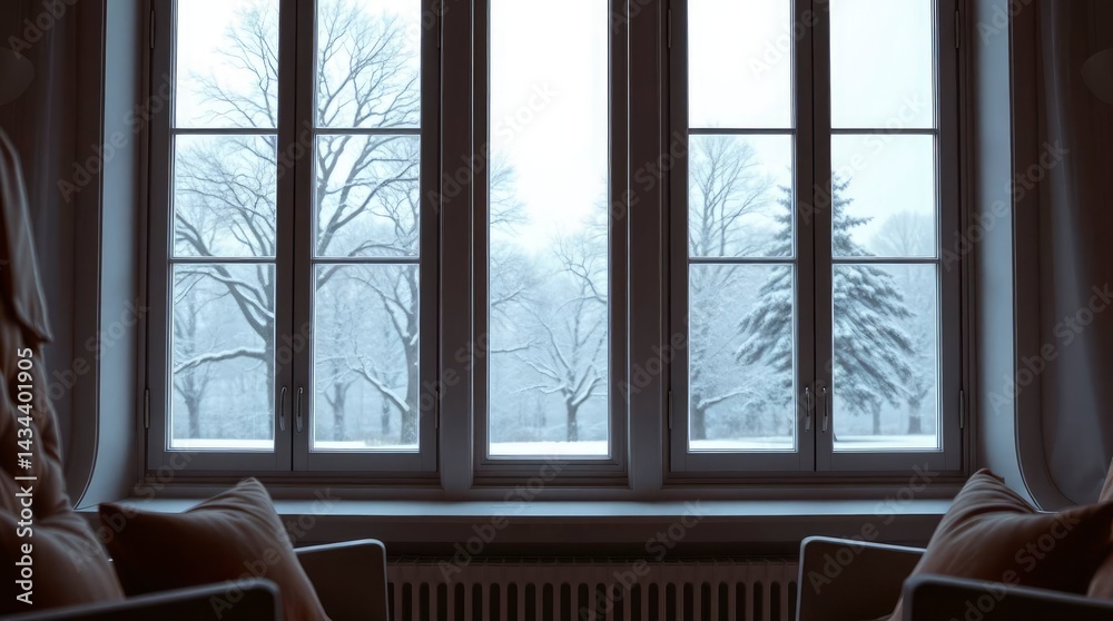Fototapeta premium Winter View Through Window with Snowy Trees and Cozy Armchairs