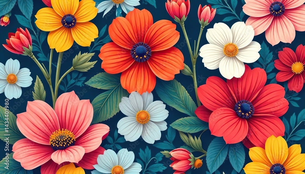 Bold floral repeat, vibrant hues, large-scale blooms, background, seamless Bold floral repeat, vibrant hues, large-scale blooms, background, seamless