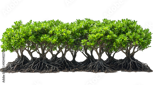 Lush mangrove tree set, realistic roots and branches isolated on white background