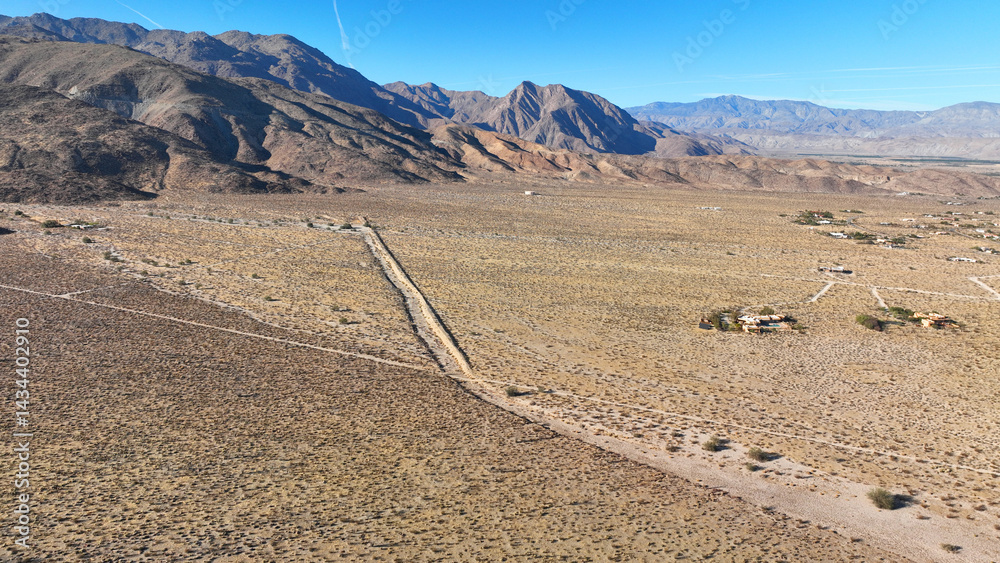 Aerial drone photo of wildflower desert fields and amazing landscape in beautiful Anza - Borego State Park, California, United States of America