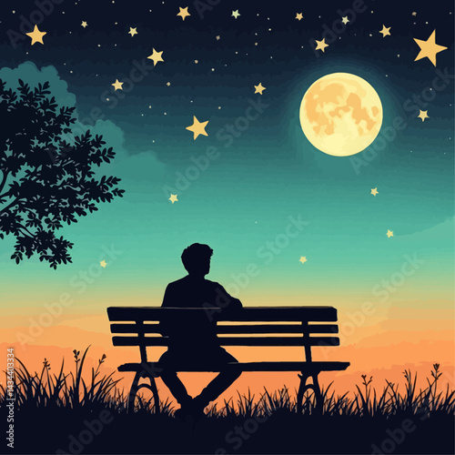 Starry Night Silhouette Person on a Bench Amidst Nature's Calm.