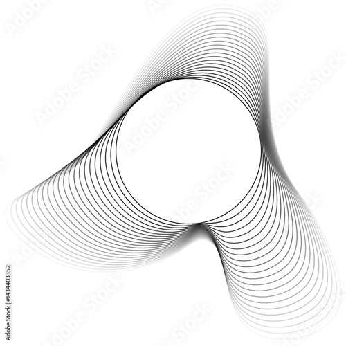 Vector shape featuring a circular center and a dynamic contour of curved layered lines with varied irregularity, forming a freeform structure with gradient opacity.