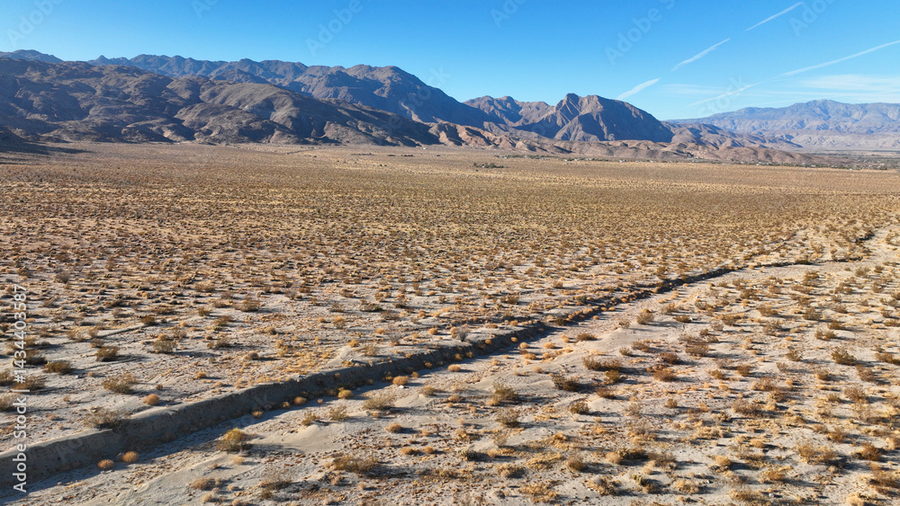 Aerial drone photo of wildflower desert fields and amazing landscape in beautiful Anza - Borego State Park, California, United States of America