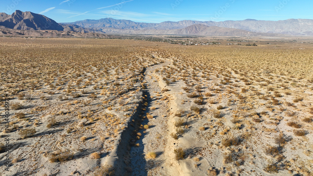 Aerial drone photo of wildflower desert fields and amazing landscape in beautiful Anza - Borego State Park, California, United States of America