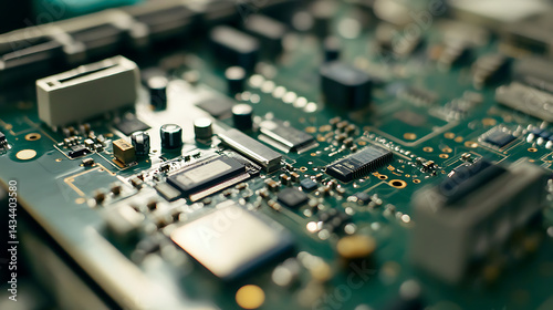 Mechanical arm assembling high precision circuit boards in an electronics manufacturing facility, clean and organized workstations with components visible, Circuit board assembly style