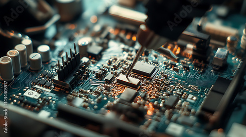 Mechanical arm assembling high precision circuit boards in an electronics manufacturing facility, clean and organized workstations with components visible, Circuit board assembly style photo