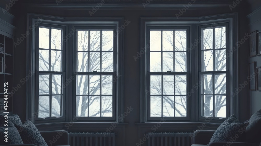 Fototapeta premium Living Room Interior with Large Windows Viewing Winter Trees