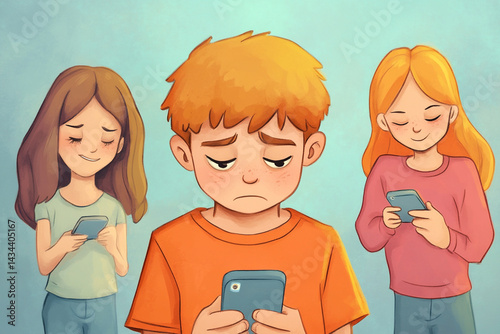 Sad Teen Boy Looking at Phone While Others Laugh Behind Him suggesting bullying or social exclusion. Generative AI.