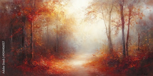 Serene autumn forest path, bathed in soft sunlight & mist.