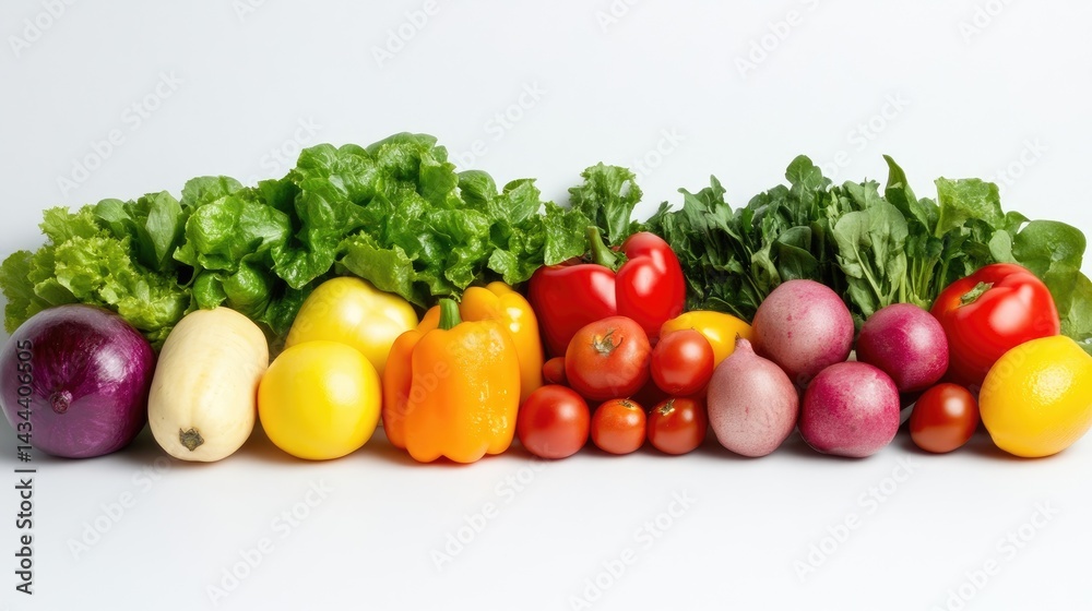 Freshly harvested colorful vegetables arranged in a row on a white background, showcasing variety of greens, bell peppers, tomatoes, and root vegetables, and vibrant and healthy. Freshly harvested colorful vegetables arranged in a row on a white background, showcasing variety of greens, bell peppers, tomatoes, and root vegetables, and vibrant and healthy.
