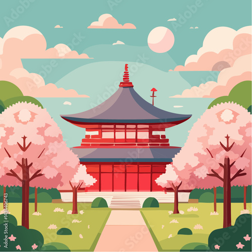 A Japanese cherry blossom garden in full bloom.

