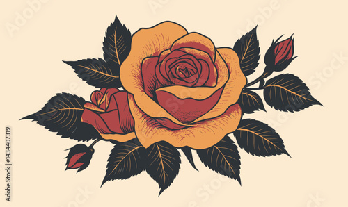 Vintage Rose Tattoo Vector: Victorian Style Minimalist Flower Engraving