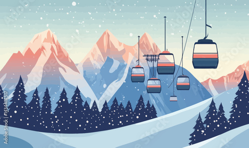 Winter Ski Resort Landscape with Mountains and Ski Lifts Vector Illustration