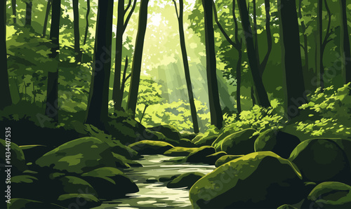 Serene Forest Glade with Sunlit Stream and Moss-Covered Rocks for Meditation