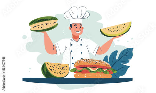 Cartoon Chef Presenting Sandwich and Melon in Minimalist Vector Style