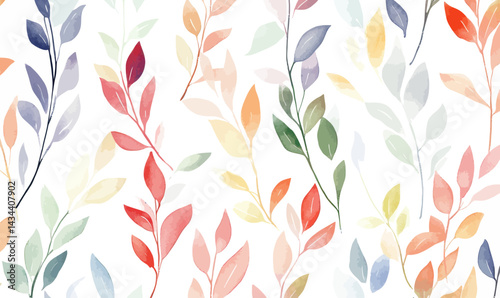 Colorful Watercolor Leaf Branches Seamless Pattern on White Background
