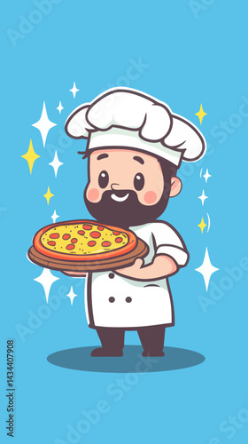 Cartoon Pizza Chef Mascot in Flat Minimalist Style Vector Illustration