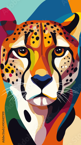Vibrant Technicolor Cheetah Face Illustration in Minimalist Vector for T-Shirt Design