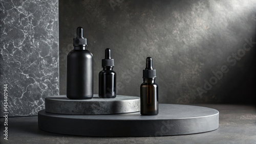 Black dropper bottles on circular podium in dramatic low light. Textured charcoal background for product mockup.