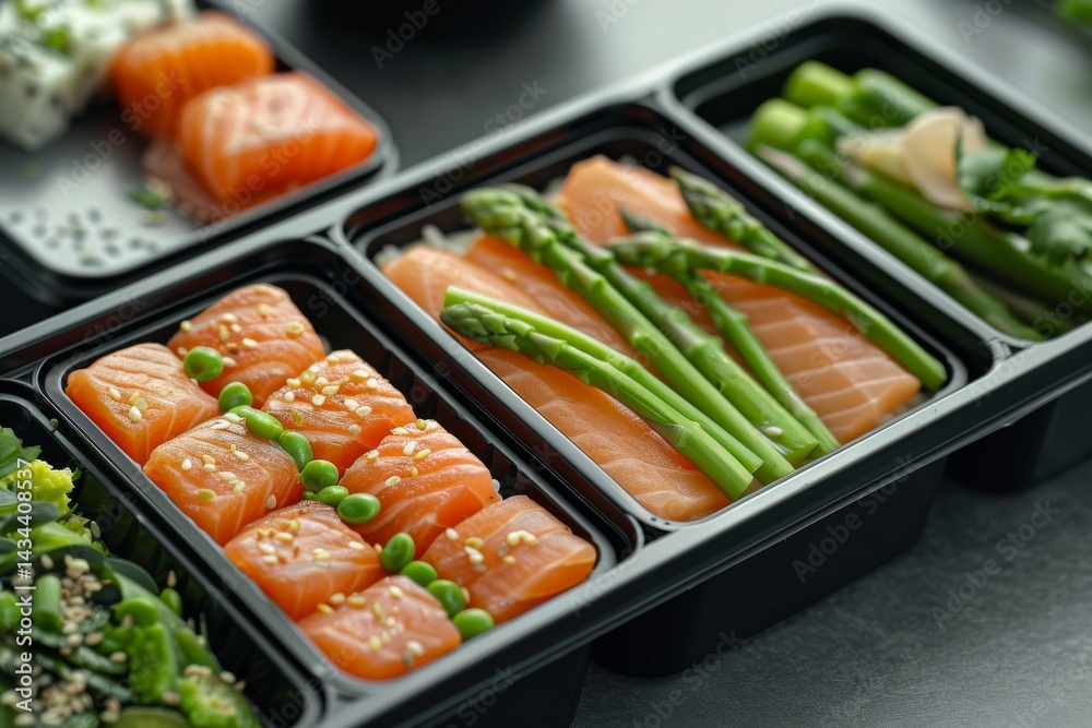 Ready healthy food catering menu in lunch boxes fish and vegetable packages as daily meal diet plan courier delivery with fork isolated on black table background. Take away containers order concept. Ready healthy food catering menu in lunch boxes fish and vegetable packages as daily meal diet plan courier delivery with fork isolated on black table background. Take away containers order concept.