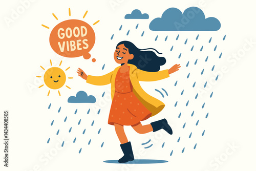 Cheerful young woman in yellow raincoat embraces rainy weather, dancing happily under clouds and sun. Good Vibes quote bubble promotes positivity and optimism, flat vector art.