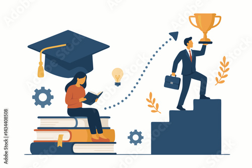 Flat vector illustration depicting the journey from education to career success, student learning leads businessman to achieve goals, climbing stairs to hold trophy and briefcase.
