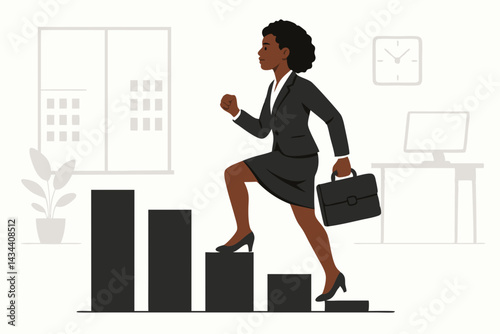 Professional Black woman in suit climbing bar chart steps, representing corporate ladder success, career ambition, and business growth in an office setting. Flat vector graphic.