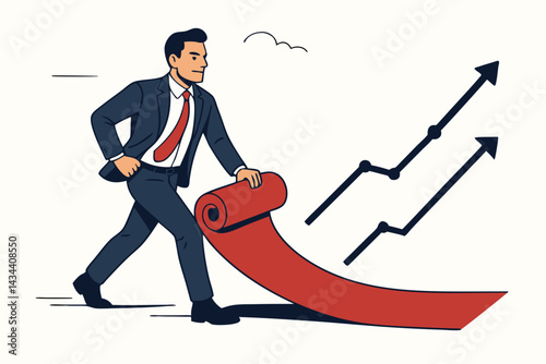 Businessman rolling out red carpet towards growth arrows, vector illustration symbolizing forging a path to success, career advancement, opportunity, and achievement.