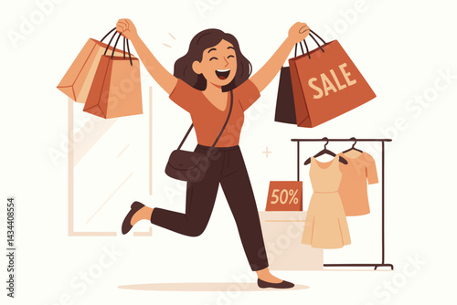 Joyful shopaholic woman runs with bags full of clothes during a big store sale, feeling retail therapy bliss thanks to 50% discounts. Flat design vector illustration for promotion.