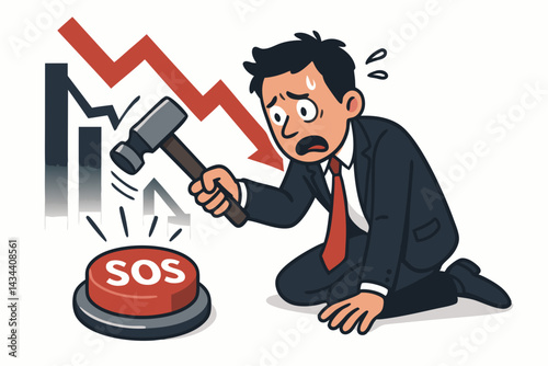 Desperate businessman in suit panics during financial crisis, about to smash red SOS emergency button with hammer as market graph crashes vector illustration.