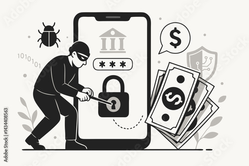 Vector illustration of a hacker unlocking a mobile banking app on a smartphone, symbolizing cybercrime, financial fraud, data breach, phishing, and digital security risks.