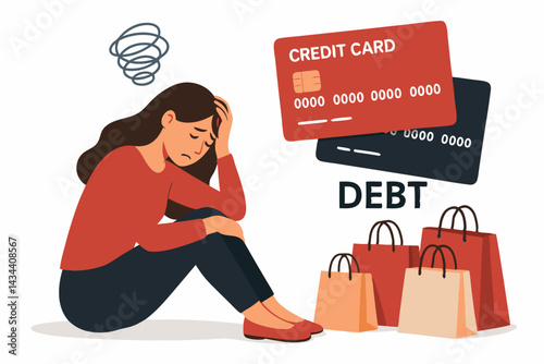 Financial crisis concept illustration: Unhappy, stressed woman sits burdened by credit card debt and multiple shopping bags. Flat vector showing anxiety, overspending, and money problems.