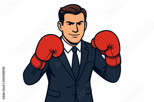 Confident businessman in a suit wearing red boxing gloves, symbolizing corporate competition, fighting spirit, and readiness for business challenges, vector illustration isolated on white.