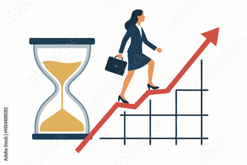 Professional woman ascending a growth chart arrow beside an hourglass, representing business development, investment returns, time-sensitive goals, and career advancement vector illustration.