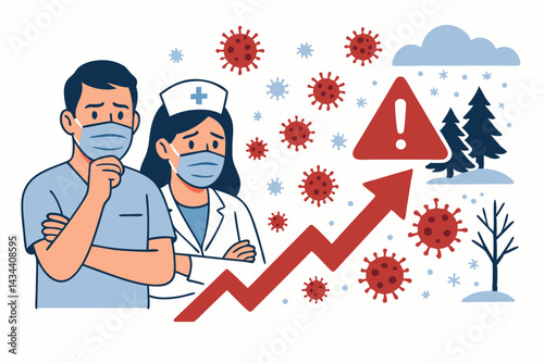 Concerned doctors wearing masks face rising winter COVID-19 cases vector illustration. Shows pandemic surge alert, coronavirus particles, upward trend arrow, and snow.