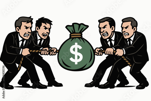 Corporate teams engage in a fierce tug-of-war, pulling a rope attached to a massive dollar sign money bag, representing intense business competition and the battle for market share.