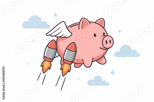 Rocket-powered piggy bank with wings soaring through clouds vector illustration. Symbolizing boosted savings, rapid investment growth, achieving financial goals, and wealth success cartoon.