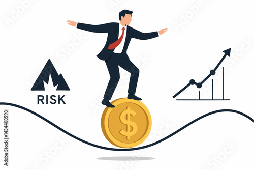 Financial risk versus reward concept with businessman balancing on gold dollar coin between mountain risk symbol and upward growth graph. Investment management vector illustration.