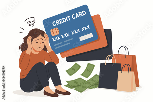 Financial burden concept: Stressed woman sits surrounded by large credit cards, cash, and shopping bags, overwhelmed by debt and expenses. Vector art for anxiety, overspending.