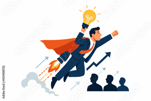 Innovative business leader superhero with rocket booster and bright lightbulb idea, soaring skyward to symbolize rapid growth, startup success, and achieving ambitious goals.