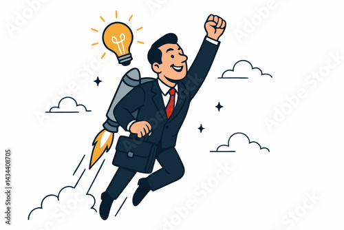 Vector illustration of a cartoon businessman flying high with a jetpack, symbolizing startup launch, innovative ideas with lightbulb, career boost, business growth, success, and achievement.