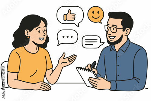 Simple line illustration of a man interviewing a female client, gathering feedback and taking notes during a consultation. Vector graphic showing positive customer experience discussion.