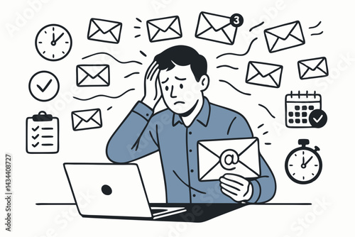 Overwhelmed Man Facing Digital Overload with Laptop. Stressed Employee Drowning in Emails, Deadlines, and Tasks. Concept of Burnout, Anxiety, and Information Fatigue Vector Art.