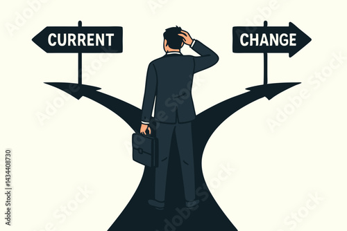Strategic crossroads: Businessman ponders his career path, choosing between maintaining the status quo (current) or pursuing transformation and change. Vector illustration.