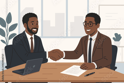 Two happy African American entrepreneurs shake hands, concluding a successful business meeting and sealing a partnership deal in their modern office. Flat vector illustration.
